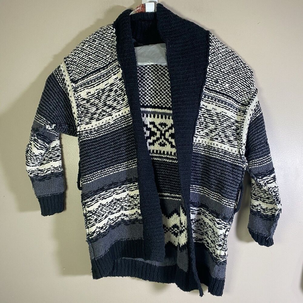Free People Cozy Cabin Women Medium Black Gray Knit Cardigan Sweater Coat FLAWS
